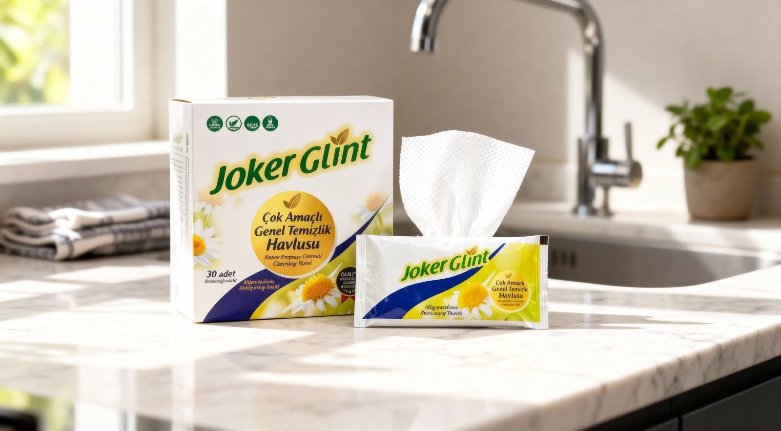 Mutfak tezgâhında Joker Glint çok amaçlı genel temizlik havlusu